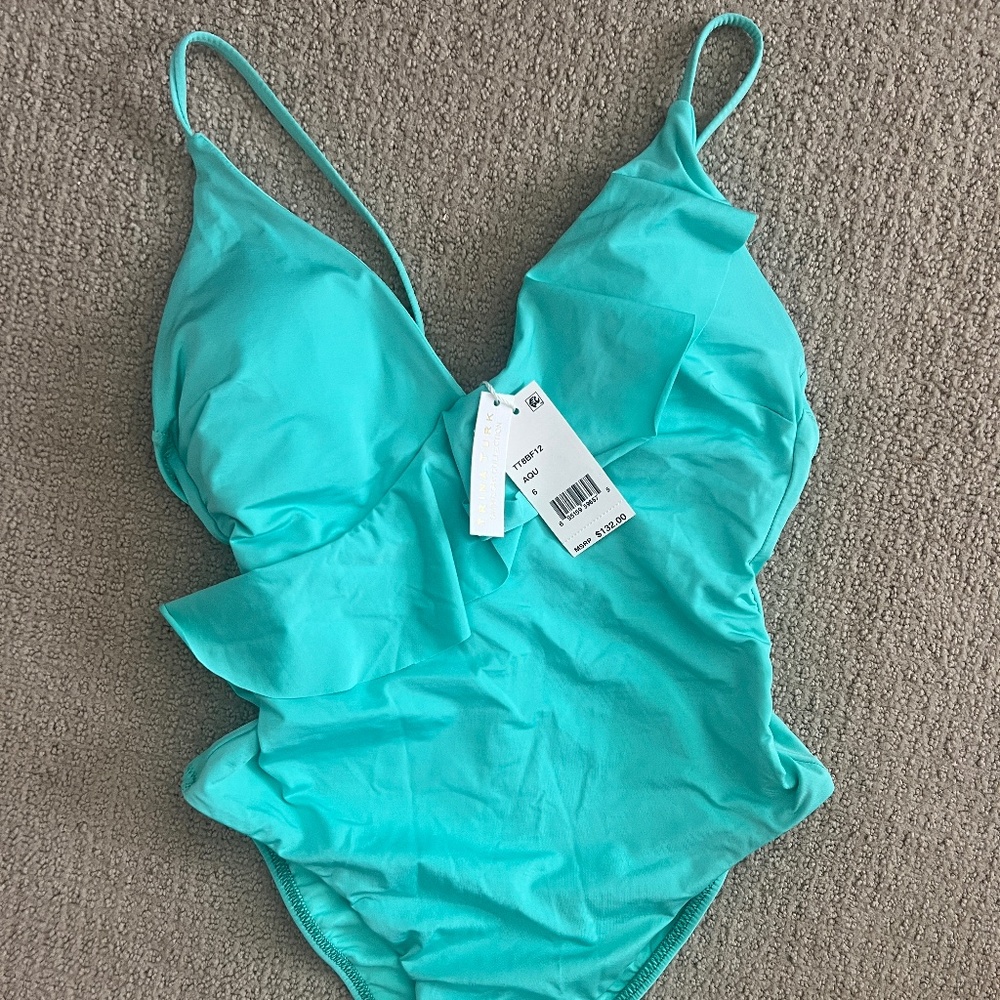 Trina Turk One-Piece Swimsuit Aqua Ruffle Front NWT Size 6